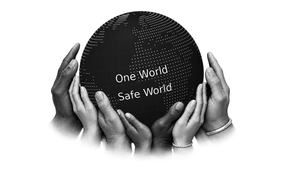 A black globe with dotted continents and the words One World, Safe World, held by a circle of hands on a white background.